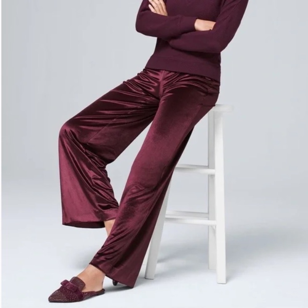 White House Black Market The Wide Leg Maroon Velvet Velour Pants Size XXS